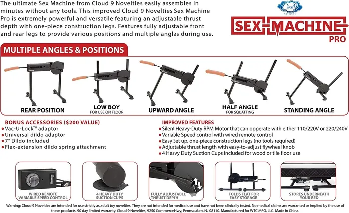 Cloud 9 Novelties Sex Machine Pro with Suction Cups and Kit Black American Version 1 Count WTC9MAC MadLovecom Female Sex Toys Cloud 9 Novelties Sex Machine Pro with Suction Cups and Kit Black American Version 1 Count WTC9MAC MadLovecom Female Sex Toys