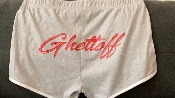 GHETTOFF Vibrators Ghettoff gray shorts w white trim and red writing GHETTOFF Vibrators Ghettoff gray shorts w white trim and red writing