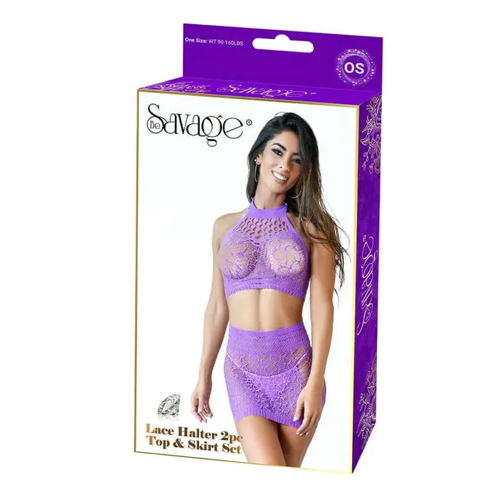 Lace Halter 2pc Top Skirt Set Purple Savage Lingerie Anal